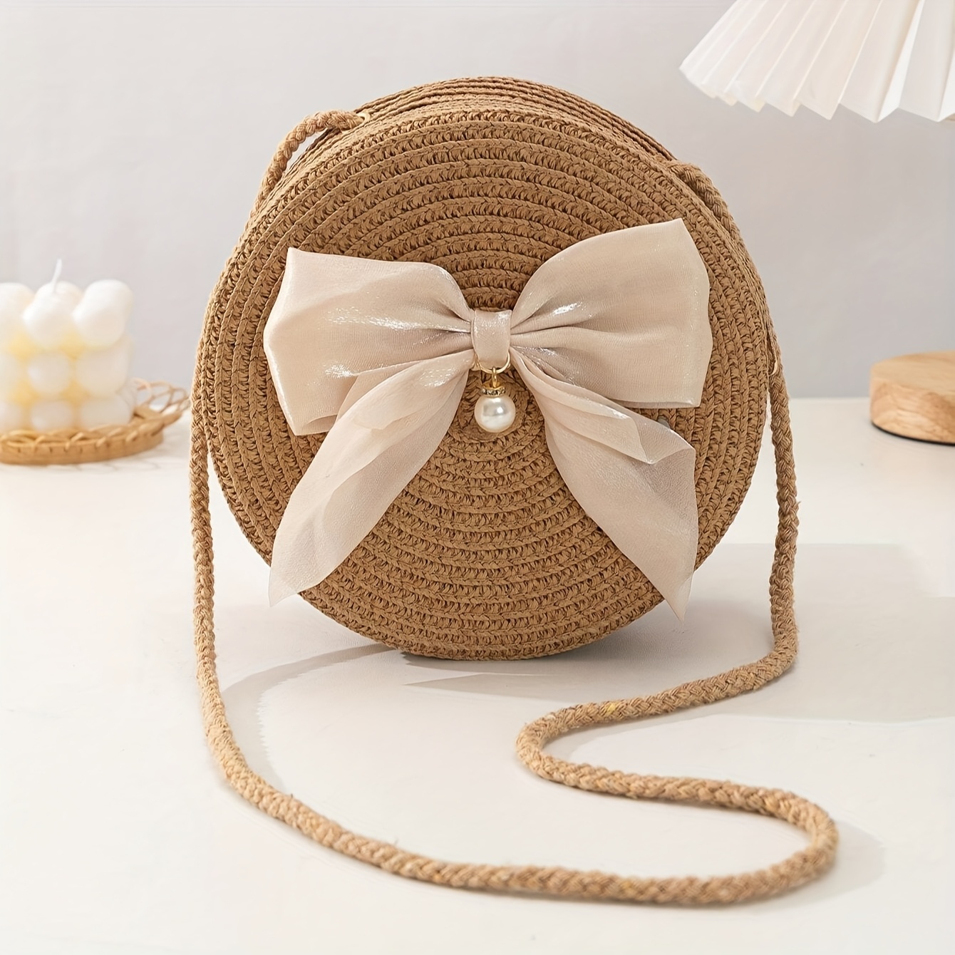 Interior Design Style - Zarif Yuvarlak Hasır Crossbody Çanta Fiyonklu